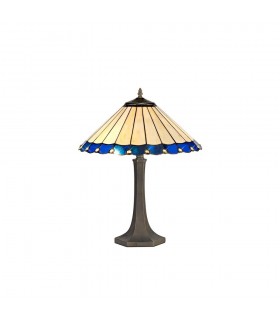 2 Light Octagonal Table Lamp E27 With 40cm Tiffany Shade, Blue, Crystal, Aged Antique Brass - 1