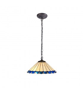 1 Light Downlighter Ceiling Pendant E27 With 40cm Tiffany Shade, Blue, Crystal, Aged Antique Brass - 1