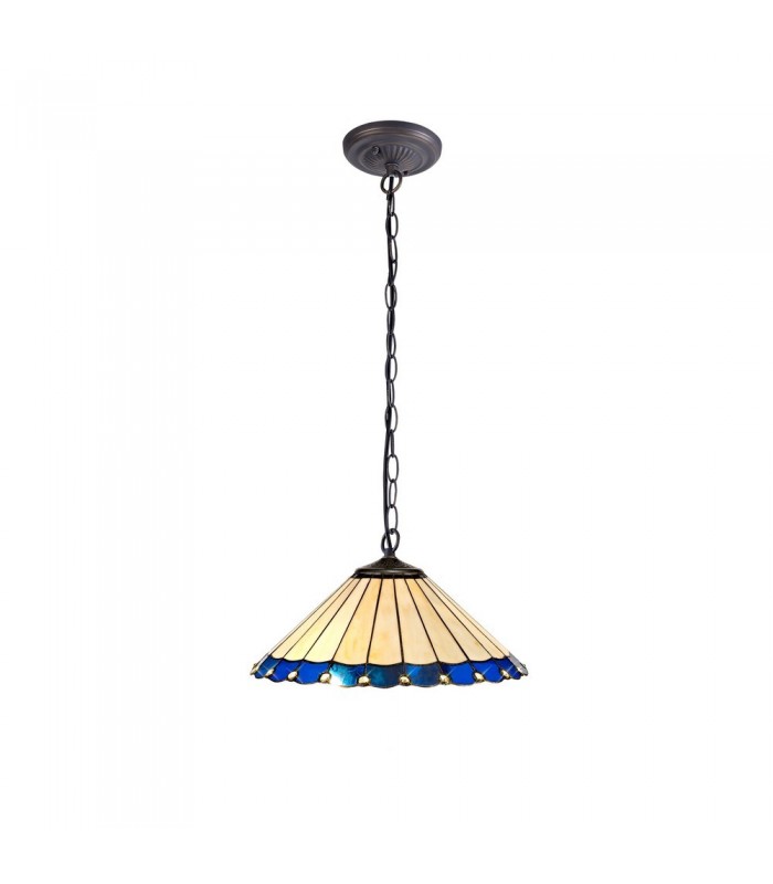 1 Light Downlighter Ceiling Pendant E27 With 40cm Tiffany Shade, Blue, Crystal, Aged Antique Brass - 1