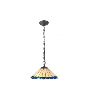 2 Light Downlighter Ceiling Pendant E27 With 40cm Tiffany Shade, Blue, Crystal, Aged Antique Brass - 1