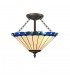 3 Light Semi Flush Ceiling E27 With 40cm Tiffany Shade, Blue, Crystal, Aged Antique Brass - 1