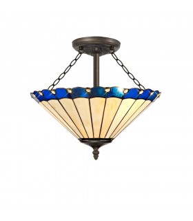3 Light Semi Flush Ceiling E27 With 40cm Tiffany Shade, Blue, Crystal, Aged Antique Brass - 1