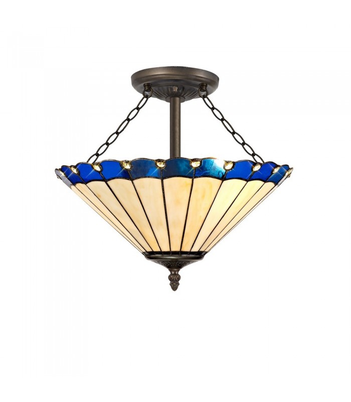 3 Light Semi Flush Ceiling E27 With 40cm Tiffany Shade, Blue, Crystal, Aged Antique Brass - 1