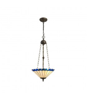 3 Light Uplighter Ceiling Pendant E27 With 40cm Tiffany Shade, Blue, Crystal, Aged Antique Brass - 1