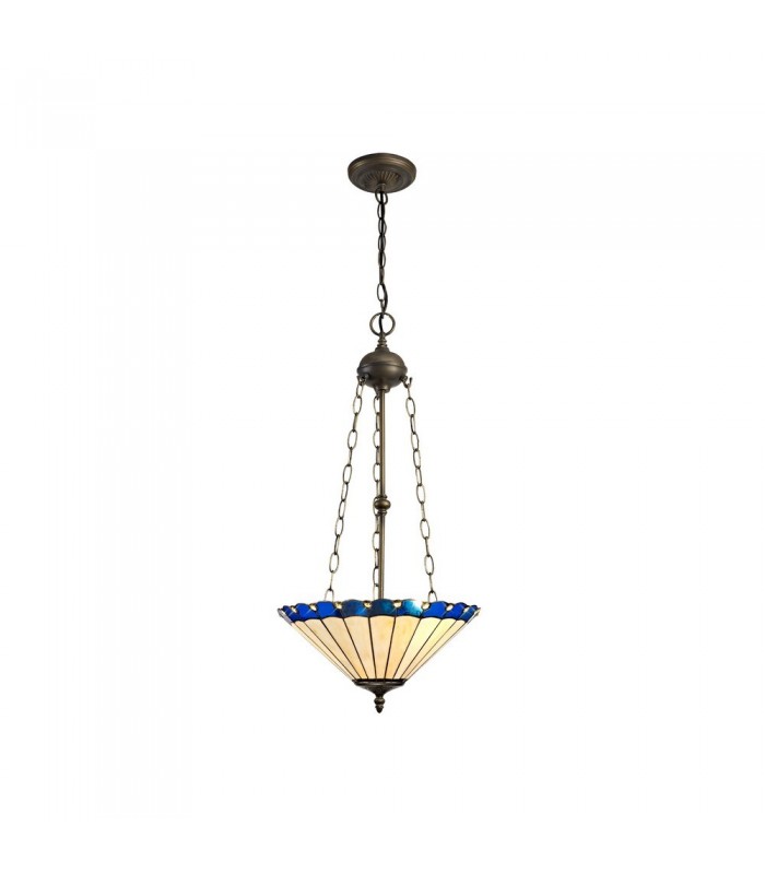 3 Light Uplighter Ceiling Pendant E27 With 40cm Tiffany Shade, Blue, Crystal, Aged Antique Brass - 1
