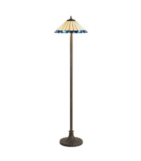 2 Light Stepped Design Floor Lamp E27 With 40cm Tiffany Shade, Blue, Crystal, Aged Antique Brass - 1