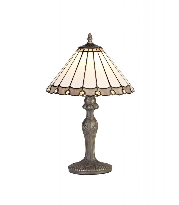 1 Light Curved Table Lamp E27 With 30cm Tiffany Shade, Grey, Crystal, Aged Antique Brass - 1