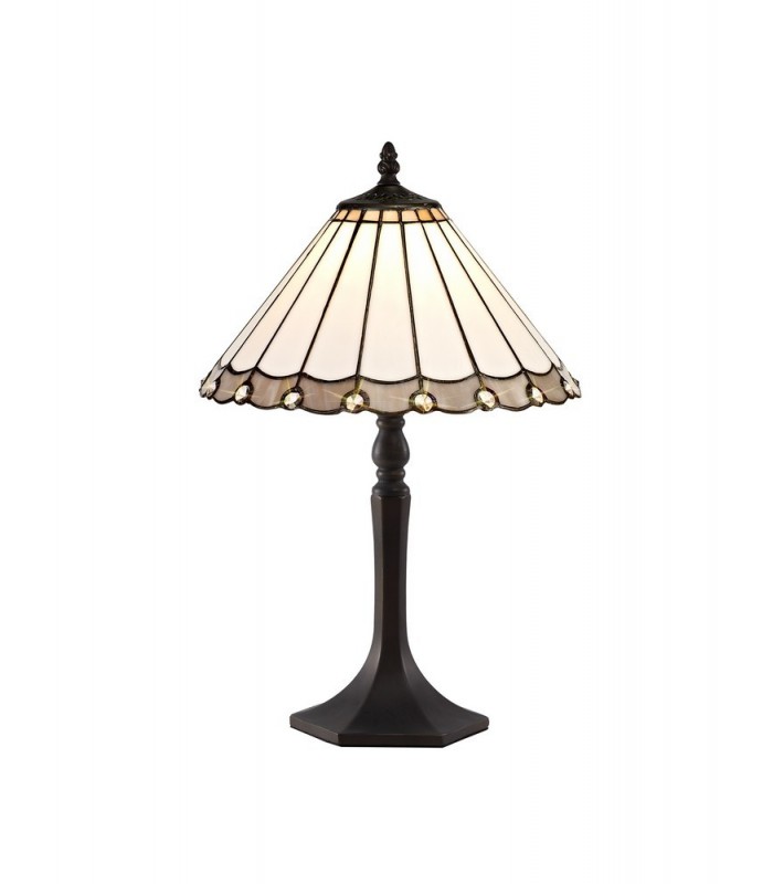 1 Light Octagonal Table Lamp E27 With 30cm Tiffany Shade, Grey, Crystal, Aged Antique Brass - 1