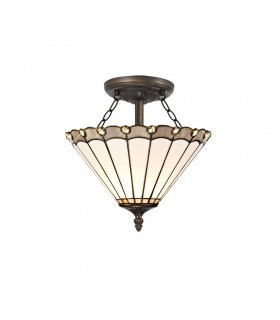 2 Light Semi Flush Ceiling E27 With 30cm Tiffany Shade, Grey, Crystal, Aged Antique Brass - 1