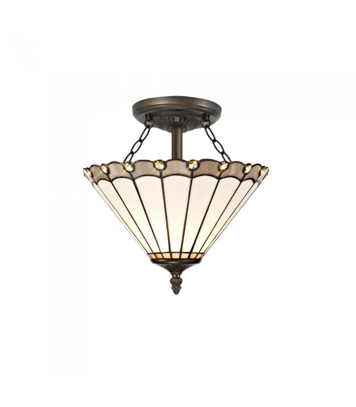 2 Light Semi Flush Ceiling E27 With 30cm Tiffany Shade, Grey, Crystal, Aged Antique Brass - 1
