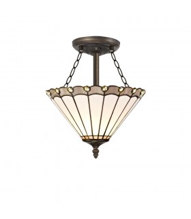 3 Light Semi Flush Ceiling E27 With 30cm Tiffany Shade, Grey, Crystal, Aged Antique Brass - 1