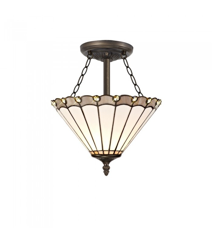 3 Light Semi Flush Ceiling E27 With 30cm Tiffany Shade, Grey, Crystal, Aged Antique Brass - 1