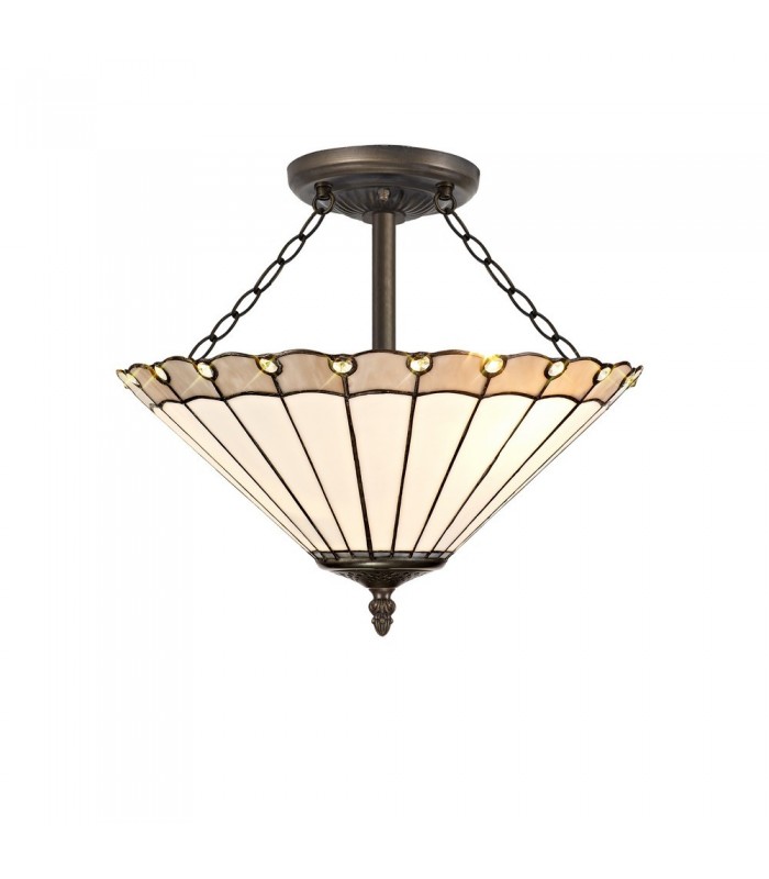 3 Light Semi Flush Ceiling E27 With 40cm Tiffany Shade, Grey, Crystal, Aged Antique Brass - 1