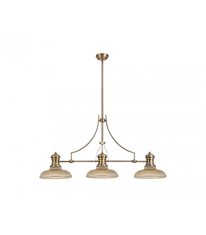 3 Light Telescopic Ceiling Pendant E27 With 30cm Round Glass Shade, Antique Brass, Amber - 1