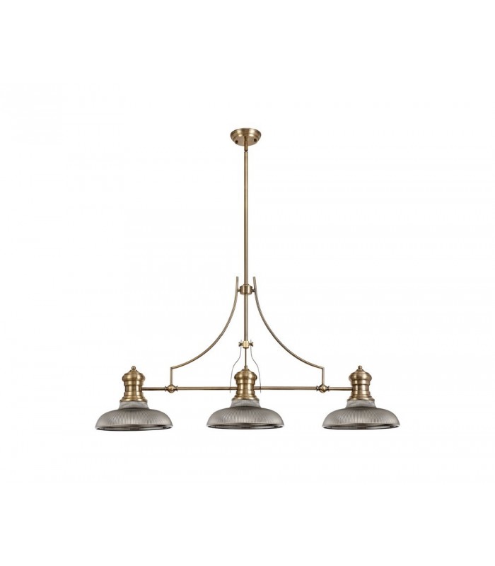 3 Light Telescopic Ceiling Pendant E27 With 30cm Round Glass Shade, Antique Brass, Smoked - 1