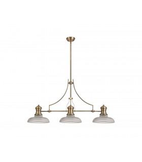 3 Light Telescopic Ceiling Pendant E27 With 30cm Round Glass Shade, Antique Brass, Clear - 1