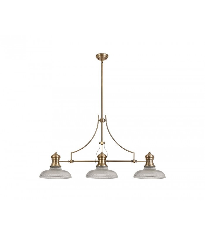 3 Light Telescopic Ceiling Pendant E27 With 30cm Round Glass Shade, Antique Brass, Clear - 1