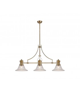 3 Light Telescopic Ceiling Pendant E27 With 30cm Bell Glass Shade, Antique Brass, Clear - 1