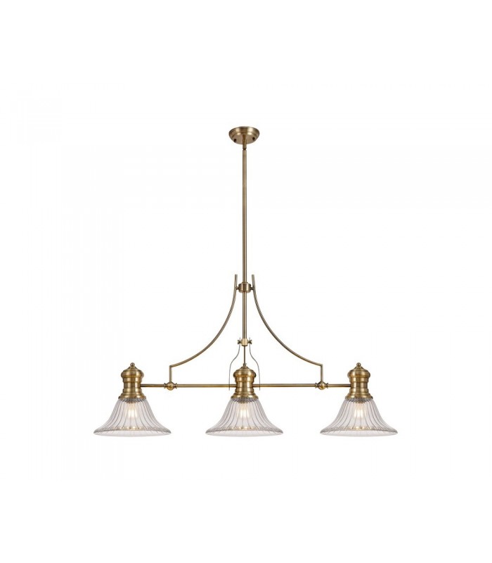 3 Light Telescopic Ceiling Pendant E27 With 30cm Bell Glass Shade, Antique Brass, Clear - 1