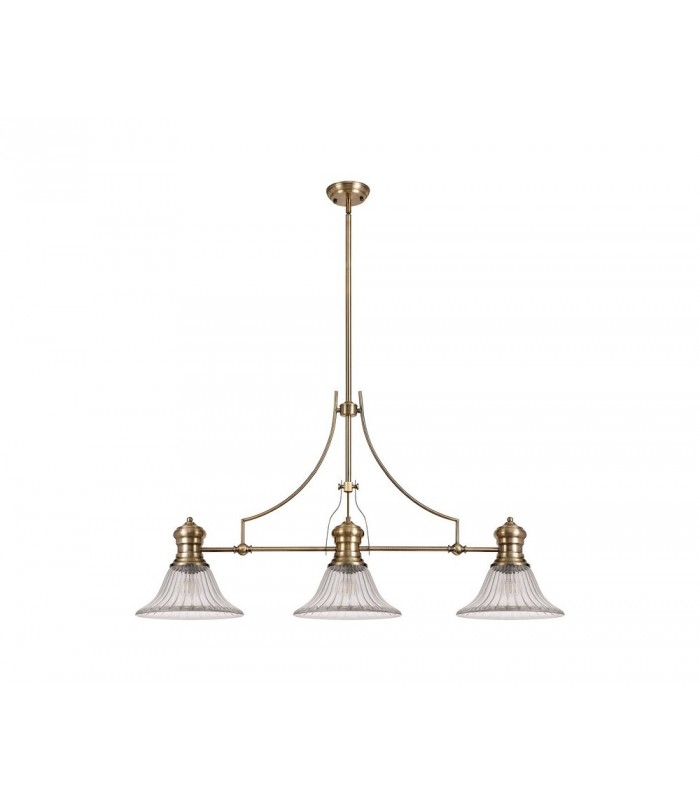 3 Light Telescopic Ceiling Pendant E27 With 30cm Bell Glass Shade, Antique Brass, Clear - 3