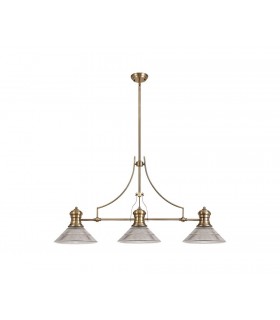 3 Light Telescopic Ceiling Pendant E27 With 30cm Cone Glass Shade, Antique Brass, Clear - 1