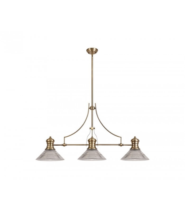 3 Light Telescopic Ceiling Pendant E27 With 30cm Cone Glass Shade, Antique Brass, Clear - 1