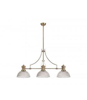 3 Light Telescopic Ceiling Pendant E27 With 30cm Dome Glass Shade, Antique Brass, Clear - 1