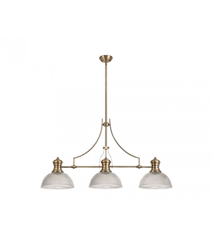 3 Light Telescopic Ceiling Pendant E27 With 30cm Dome Glass Shade, Antique Brass, Clear - 1