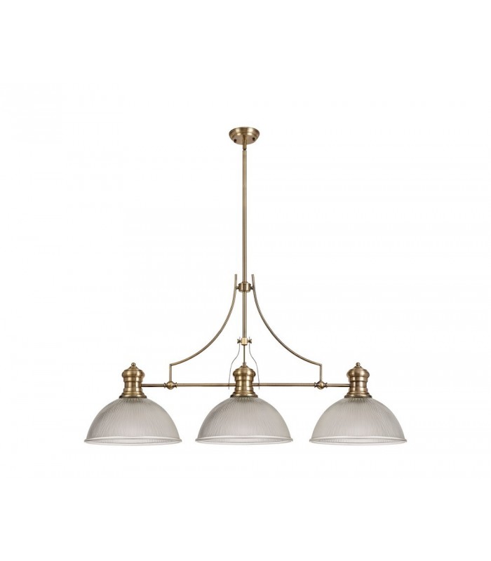 3 Light Telescopic Ceiling Pendant E27 With 38cm Dome Glass Shade, Antique Brass, Clear - 1