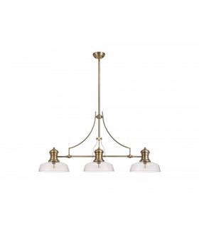 3 Light Telescopic Ceiling Pendant E27 With 30cm Flat Round Glass Shade, Antique Brass, Clear - 1