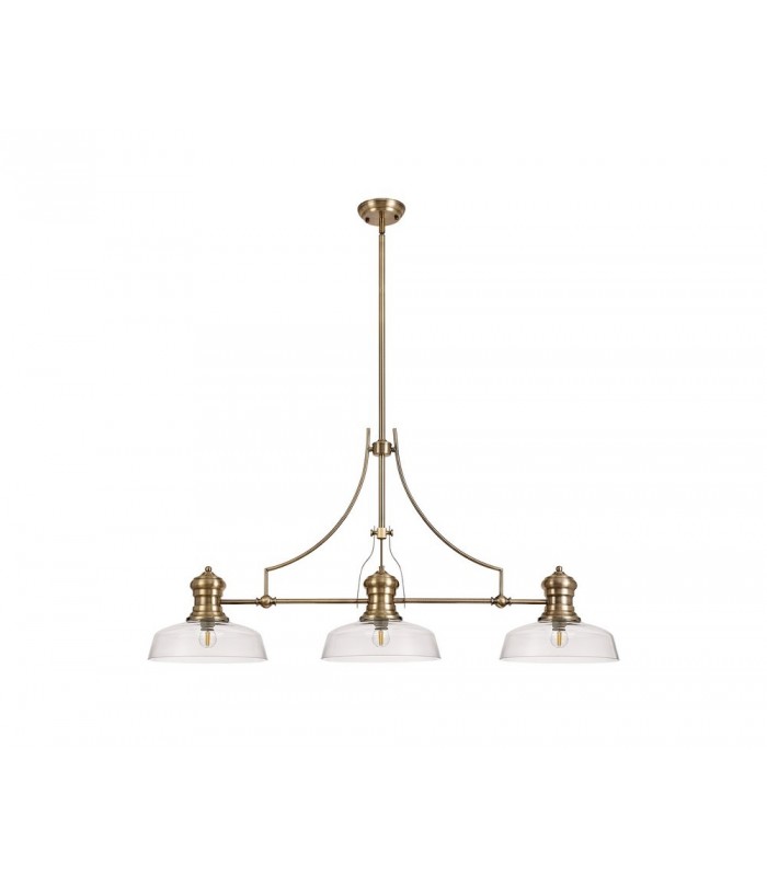 3 Light Telescopic Ceiling Pendant E27 With 30cm Flat Round Glass Shade, Antique Brass, Clear - 1