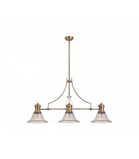 3 Light Telescopic Ceiling Pendant E27 With 30cm Smooth Bell Glass Shade, Antique Brass, Clear - 1