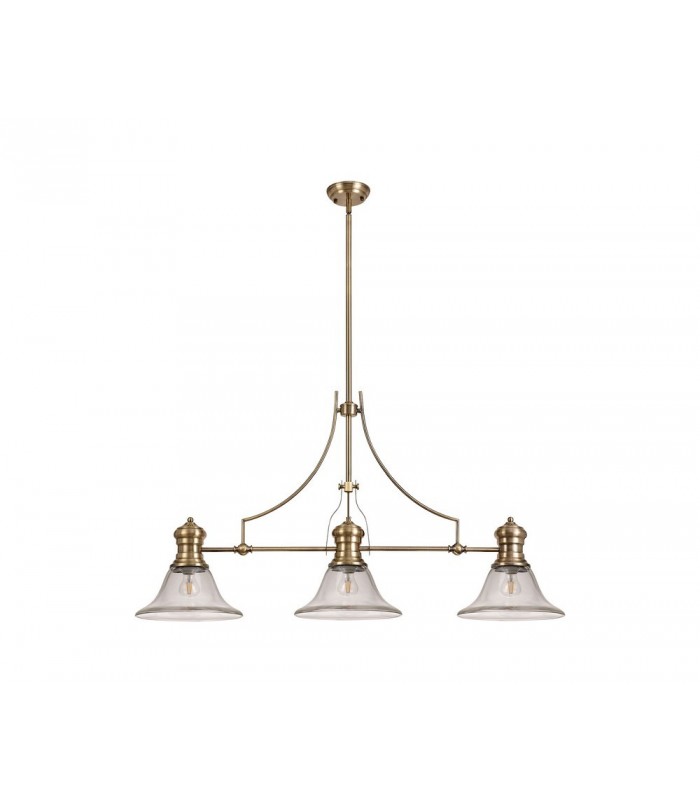3 Light Telescopic Ceiling Pendant E27 With 30cm Smooth Bell Glass Shade, Antique Brass, Clear - 1