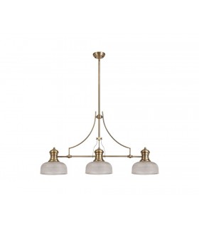 3 Light Telescopic Ceiling Pendant E27 With 26.5cm Prismatic Glass Shade, Antique Brass, Clear - 1