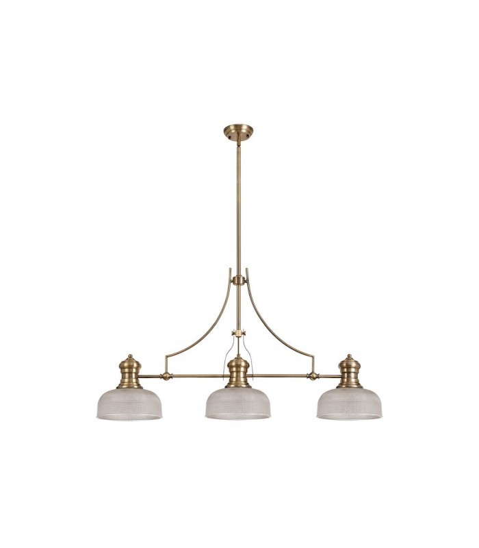 3 Light Telescopic Ceiling Pendant E27 With 26.5cm Prismatic Glass Shade, Antique Brass, Clear - 1