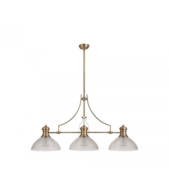 3 Light Telescopic Ceiling Pendant E27 With 33.5cm Prismatic Glass Shade, Antique Brass, Clear - 1