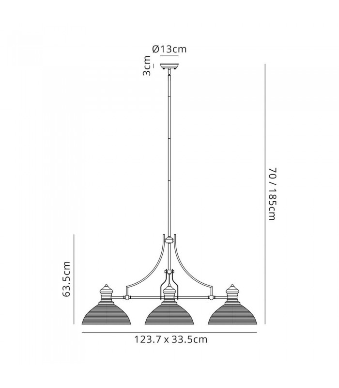 3 Light Telescopic Ceiling Pendant E27 With 33.5cm Prismatic Glass Shade, Antique Brass, Clear - 2