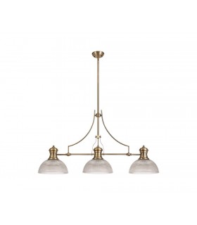 3 Light Telescopic Ceiling Pendant E27 With 30cm Prismatic Glass Shade, Antique Brass, Clear - 1