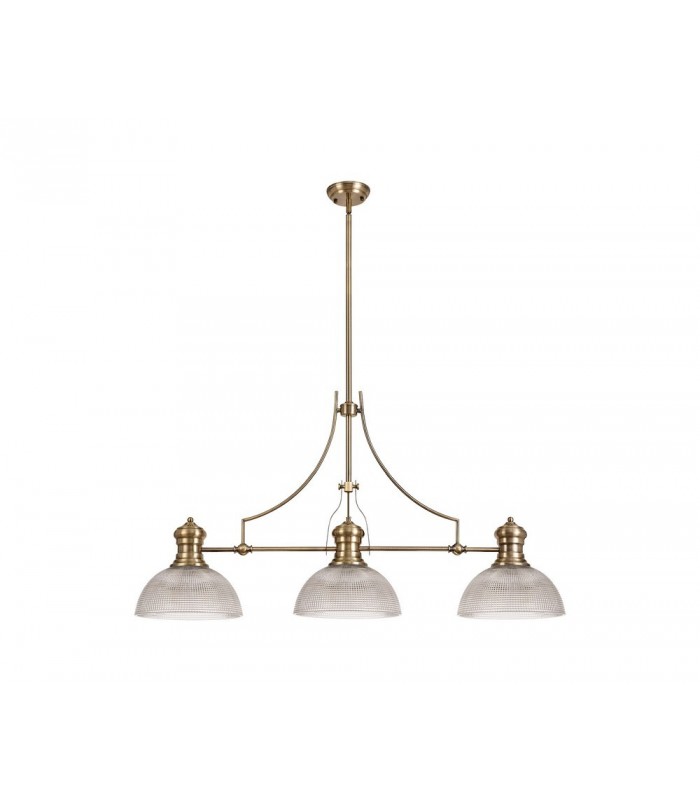 3 Light Telescopic Ceiling Pendant E27 With 30cm Prismatic Glass Shade, Antique Brass, Clear - 1