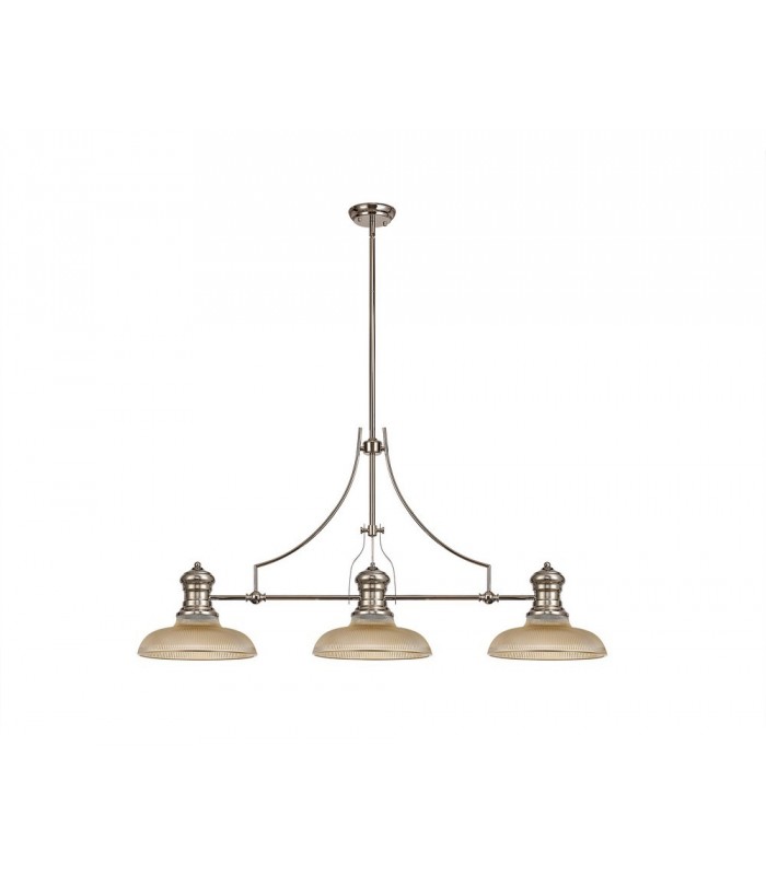 3 Light Telescopic Ceiling Pendant E27 With 30cm Round Glass Shade, Polished Nickel, Amber - 1