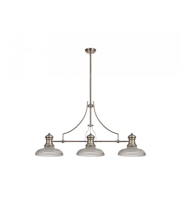 3 Light Telescopic Ceiling Pendant E27 With 30cm Round Glass Shade, Polished Nickel, Clear - 1