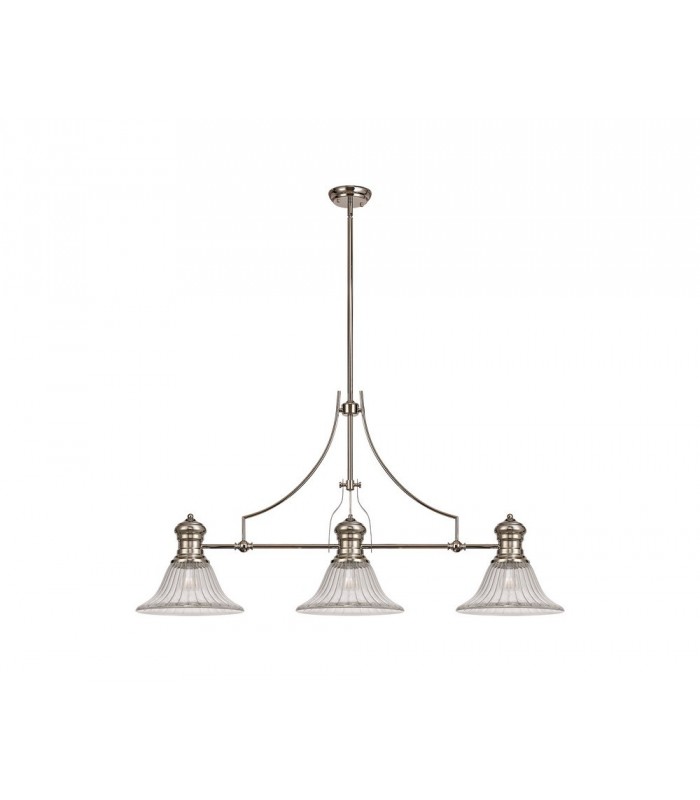 3 Light Telescopic Ceiling Pendant E27 With 30cm Bell Glass Shade, Polished Nickel, Clear - 1