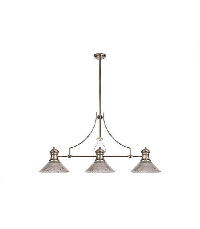 3 Light Telescopic Ceiling Pendant E27 With 30cm Cone Glass Shade, Polished Nickel, Clear - 1