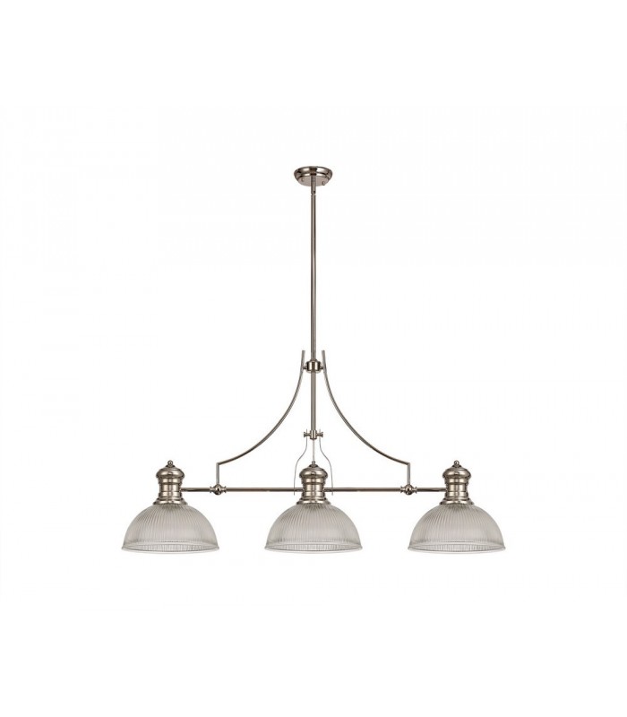 3 Light Telescopic Ceiling Pendant E27 With 30cm Dome Glass Shade, Polished Nickel, Clear - 1