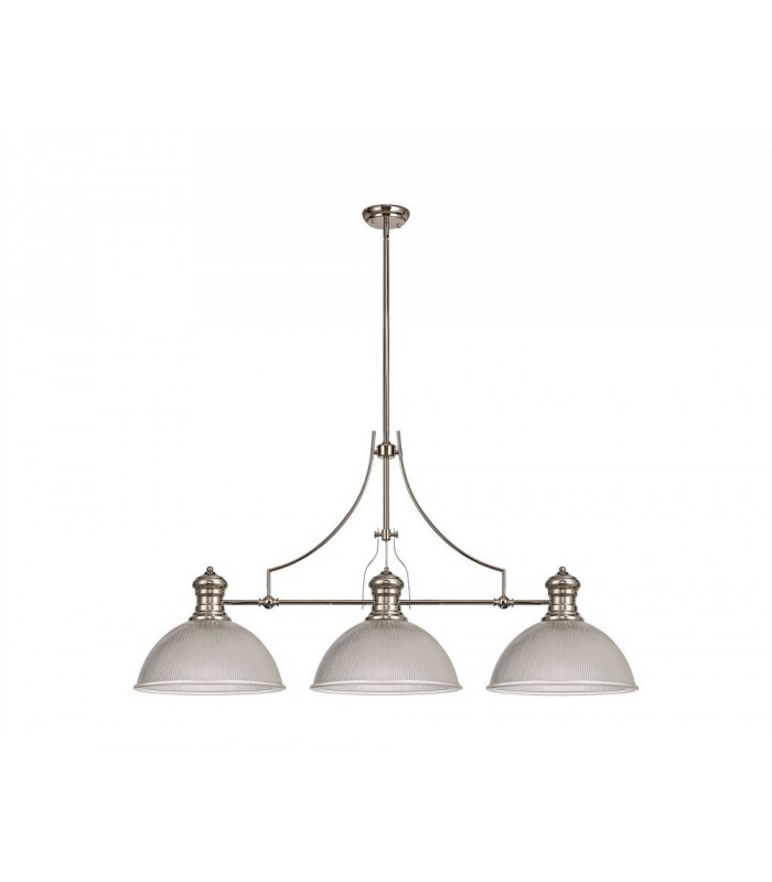 3 Light Telescopic Ceiling Pendant E27 With 38cm Dome Glass Shade, Polished Nickel, Clear - 1