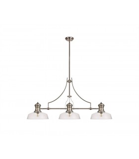 3 Light Telescopic Ceiling Pendant E27 With 30cm Flat Round Glass Shade, Polished Nickel, Clear - 1