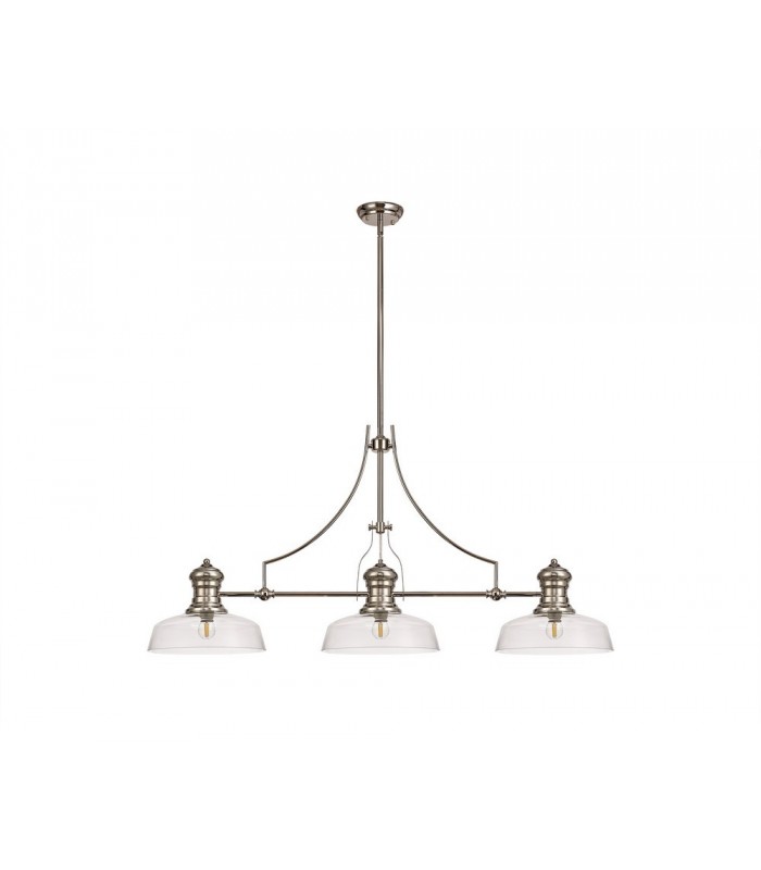 3 Light Telescopic Ceiling Pendant E27 With 30cm Flat Round Glass Shade, Polished Nickel, Clear - 1