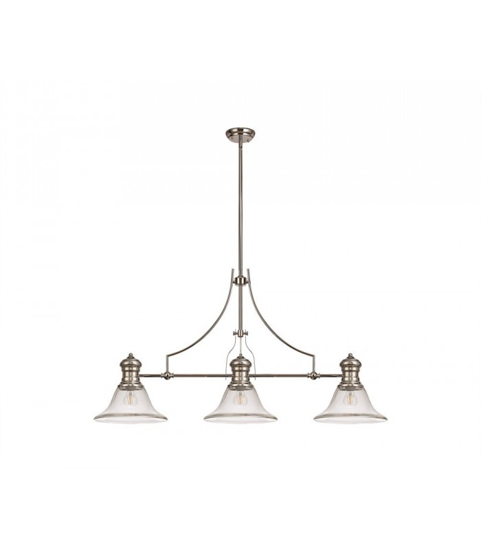 3 Light Telescopic Ceiling Pendant E27 With 30cm Smooth Bell Glass Shade, Polished Nickel, Clear - 1