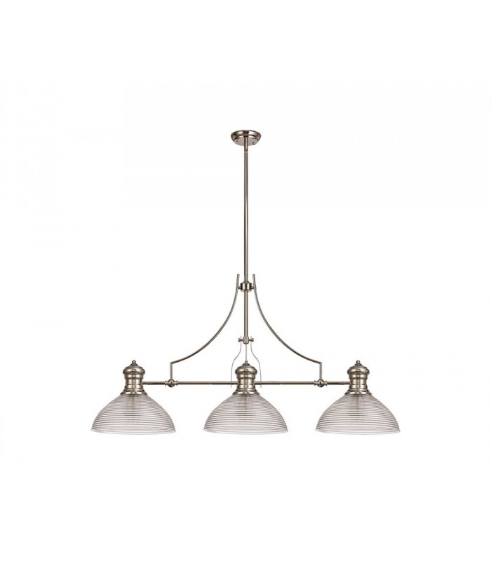 3 Light Telescopic Ceiling Pendant E27 With 33.5cm Prismatic Glass Shade, Polished Nickel, Clear - 1