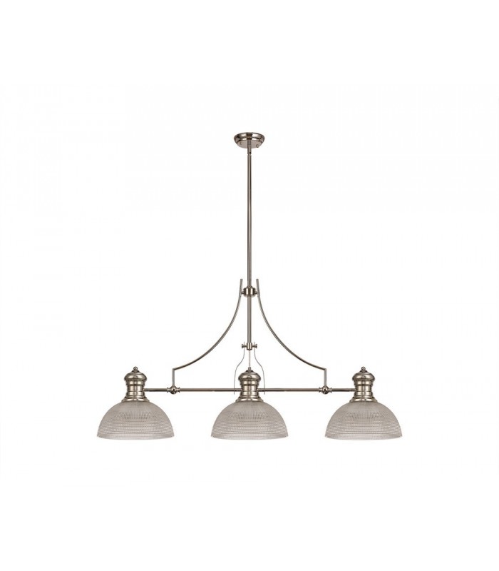 3 Light Telescopic Ceiling Pendant E27 With 30cm Prismatic Glass Shade, Polished Nickel, Clear - 1
